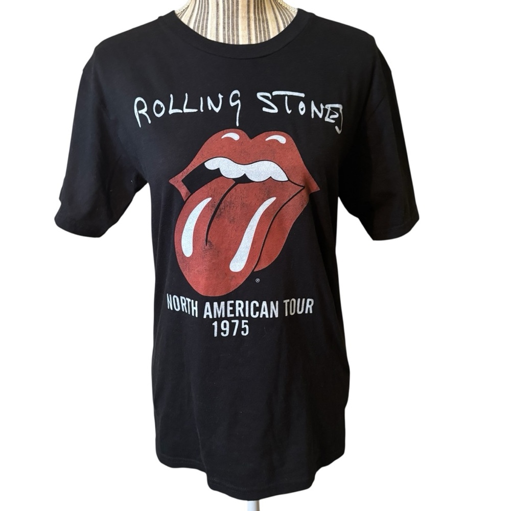 Rolling Stones Tee Small Unisex Black Red Tongue Lip Logo White Text Tour 1975